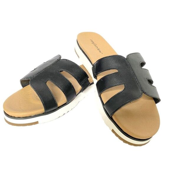 Comfortview Black Gracia Cut-Out Sandals Sz 8.5W Open Toe Slip-On NEW - Picture 1 of 7